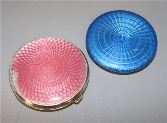 Silver and blue enamel compact, pink enamel and silver compact